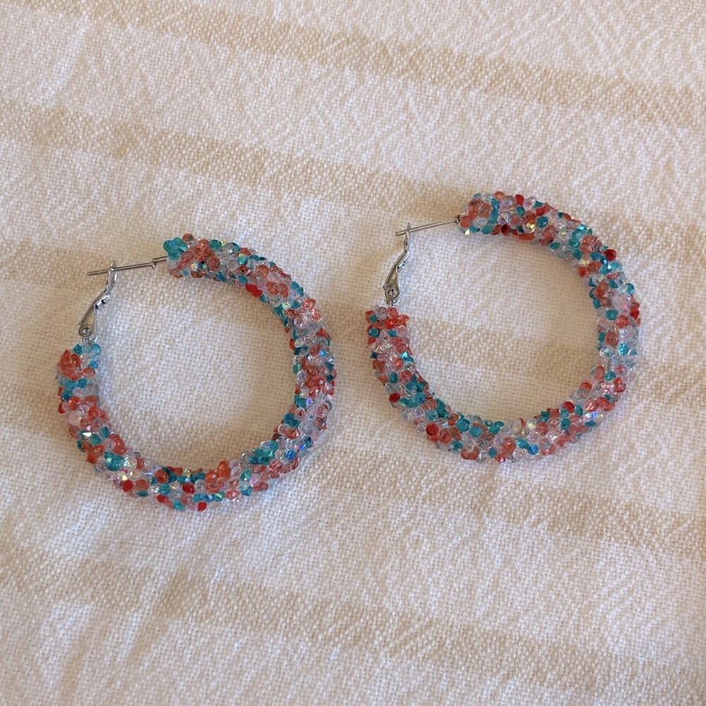 New Red White and Blue Rhinestone Glitter Hoop Earrings